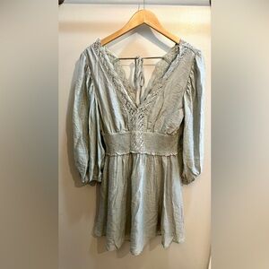 Entro Sage Green Boho Lace Trim Long Sleeve Mini Dress Size L